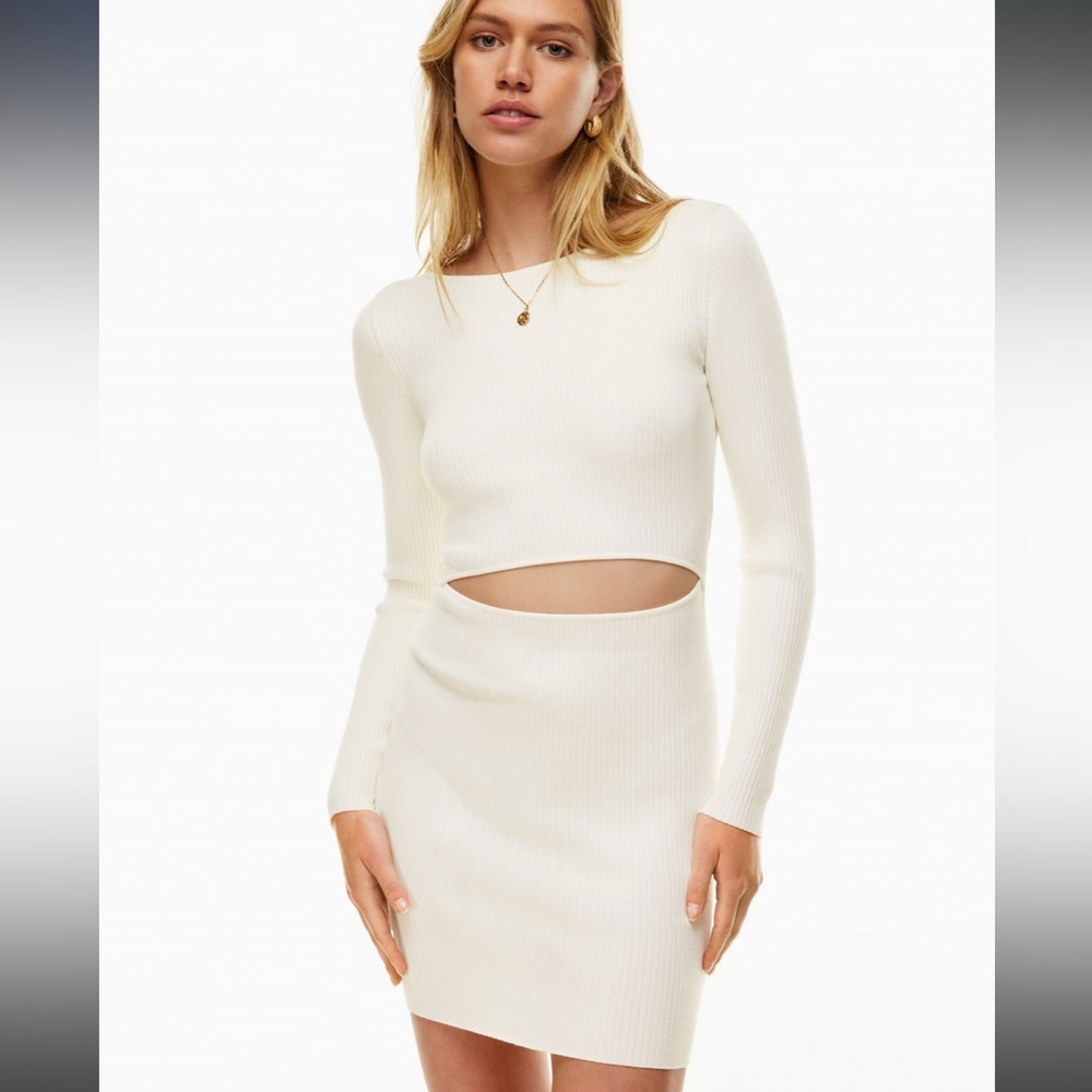 NWT $98 Artizia Wilfred Long Sleeve Cutout Knit Mini Dress. Light Birch. Sz L
